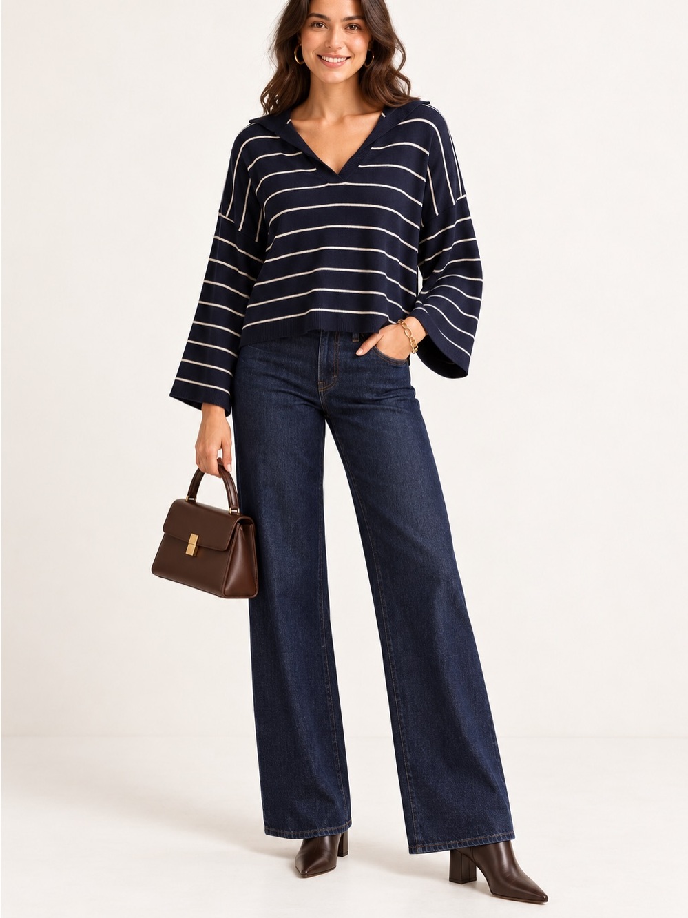 Navy Striped Bell Sleeve Sweater M